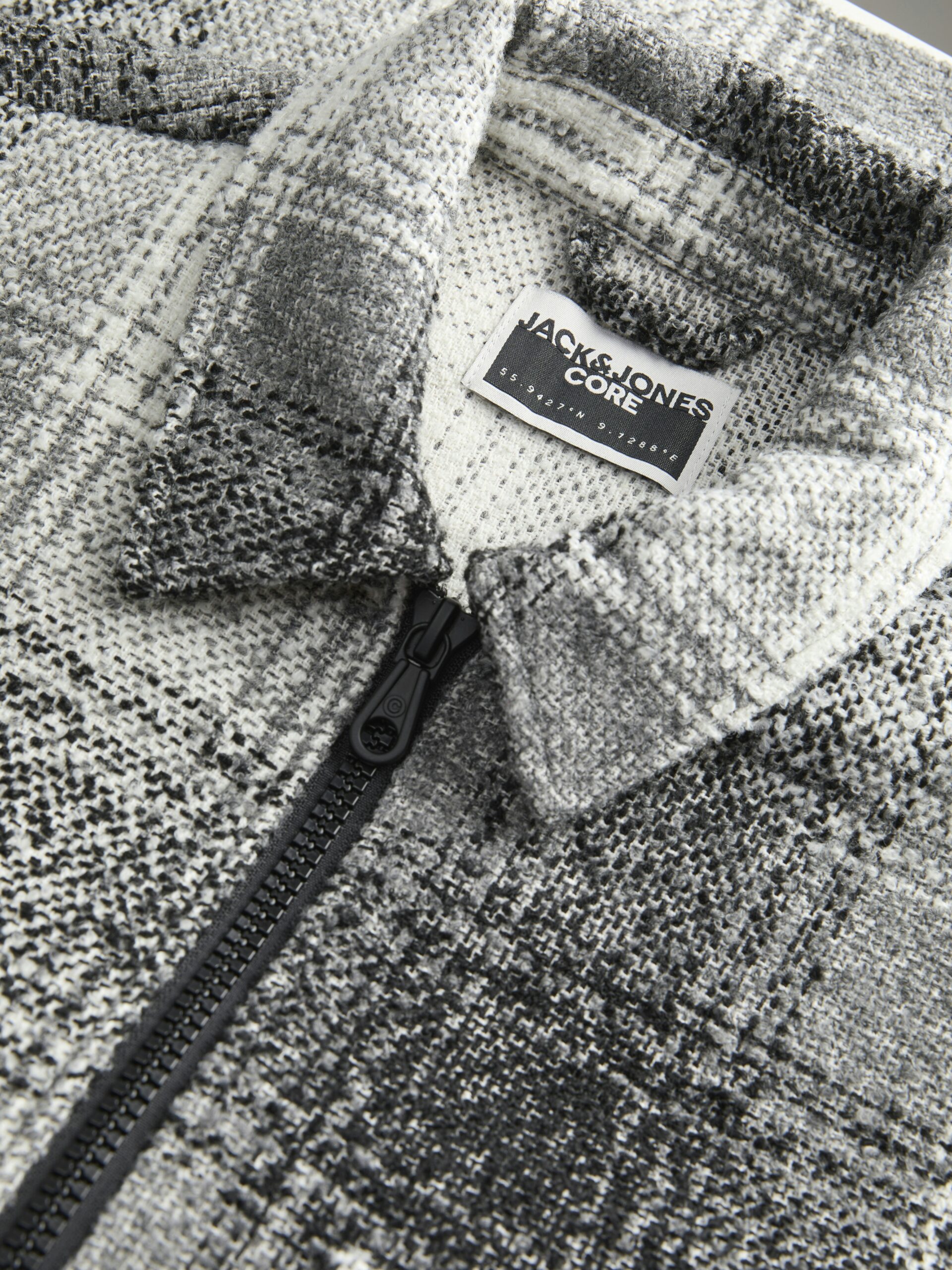 JACK & JONES Herren Overshirt JCOCOVER BOUCLE ZIP OVERSHIRT – Grau-Weiß kariert
