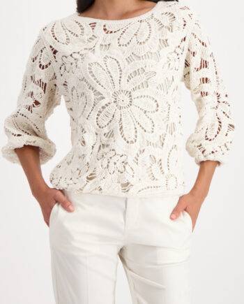 MONARI Damen Strickpullover mit Cornellymuster in Natur – edler Wollmix mit Lurex und floraler Struktur