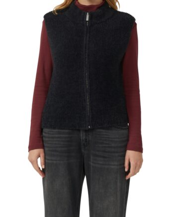 S.OLIVER Damen Strickweste in Schwarz – moderne Weste aus Effektgarn mit Reißverschluss