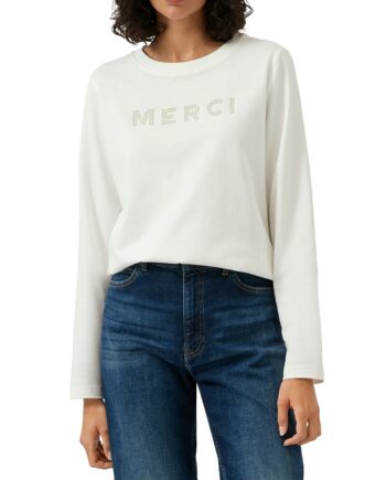 S.OLIVER Damen Longsleeve mit Perlenschriftzug in offwhite