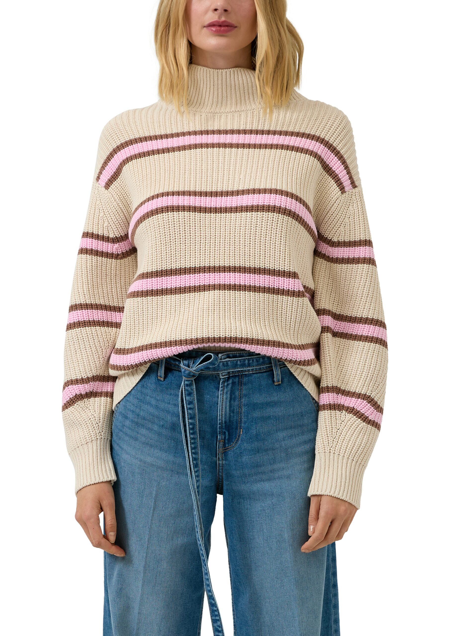 S.OLIVER Damen Gestreifter Grobstrickpullover mit Stehkragen