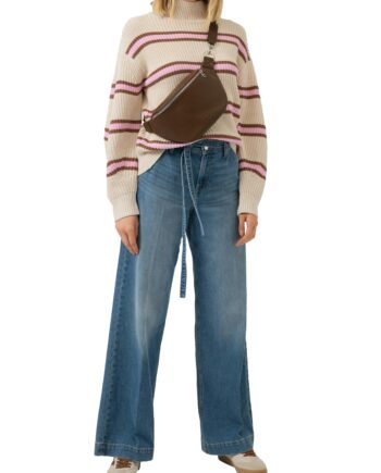 S.OLIVER Damen Gestreifter Grobstrickpullover mit Stehkragen