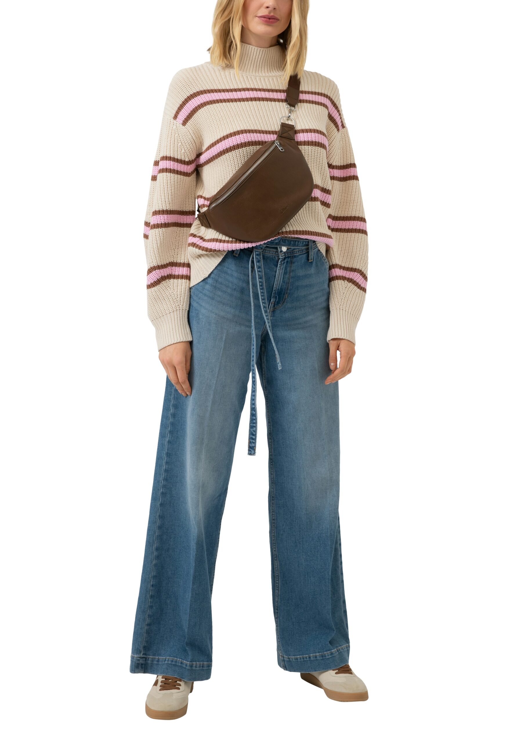 S.OLIVER Damen Gestreifter Grobstrickpullover mit Stehkragen