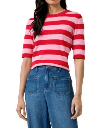 s.Oliver BLACK LABEL Damen Gestreifter Baumwollmix-Strickpullover mit kurzen Ärmeln