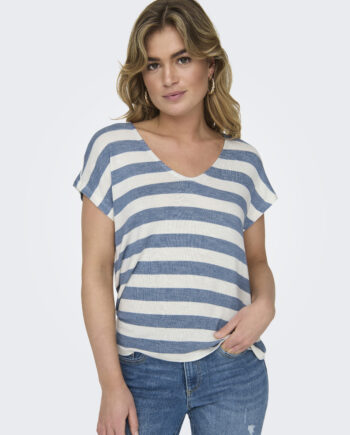 ONLY Damen V-Shirt ONLLIRA gestreift