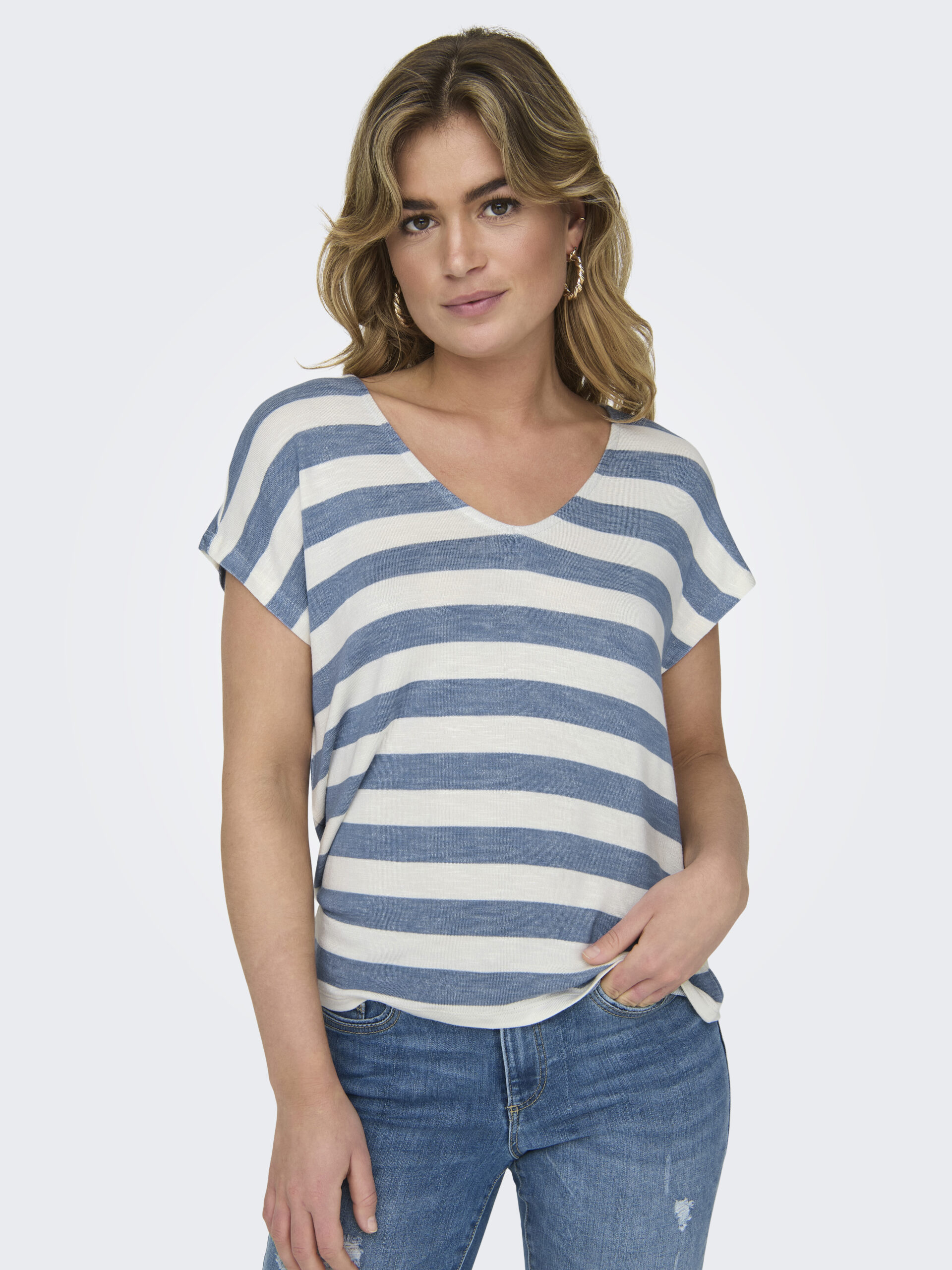 ONLY Damen V-Shirt ONLLIRA gestreift