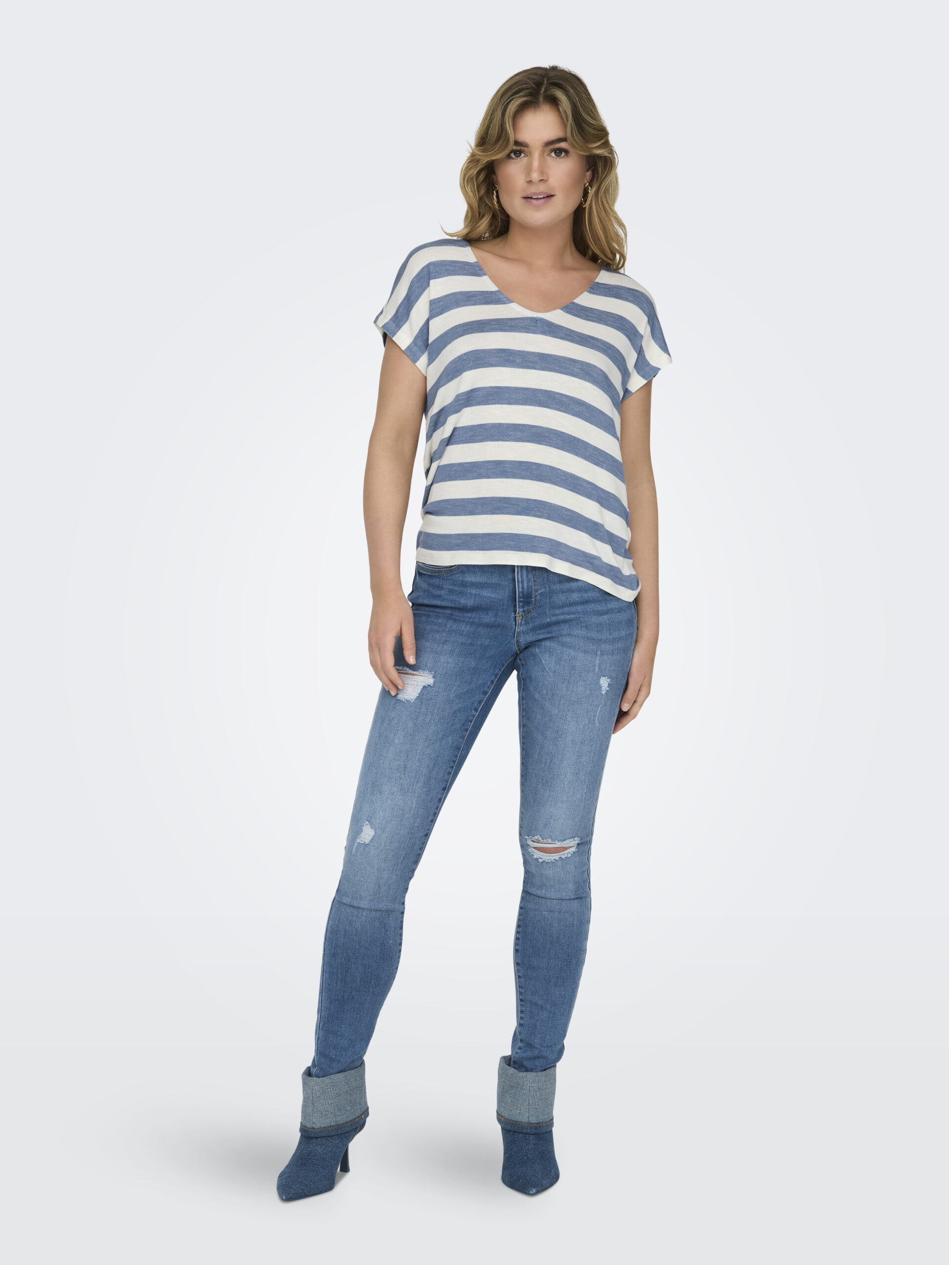 ONLY Damen V-Shirt ONLLIRA gestreift